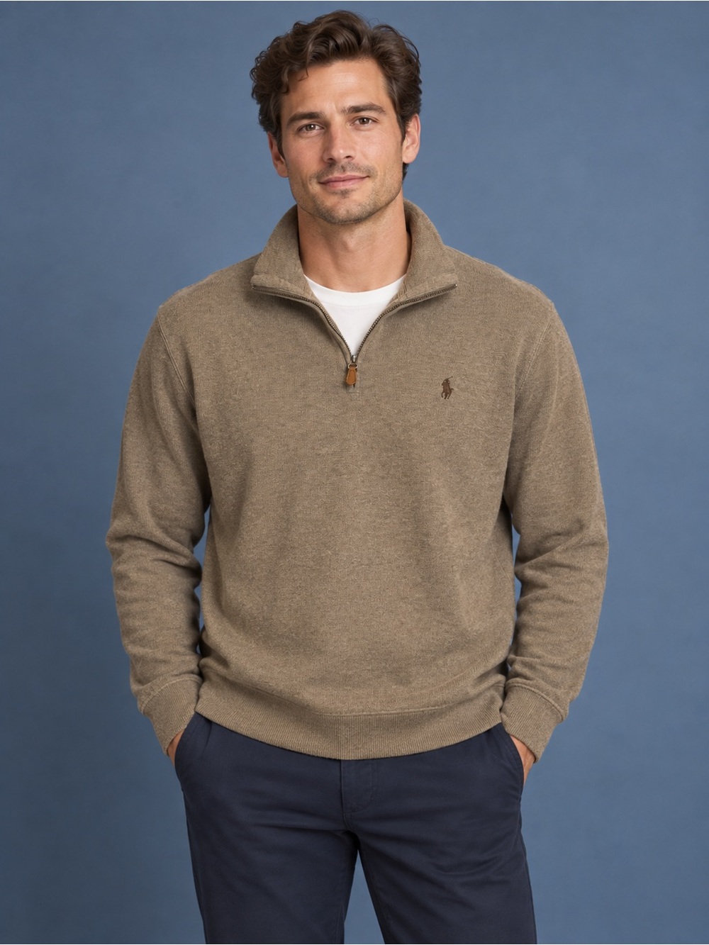 Polo by Ralph Lauren Men's Quarter-Zip Sweater in Taupe Tan Size Medium